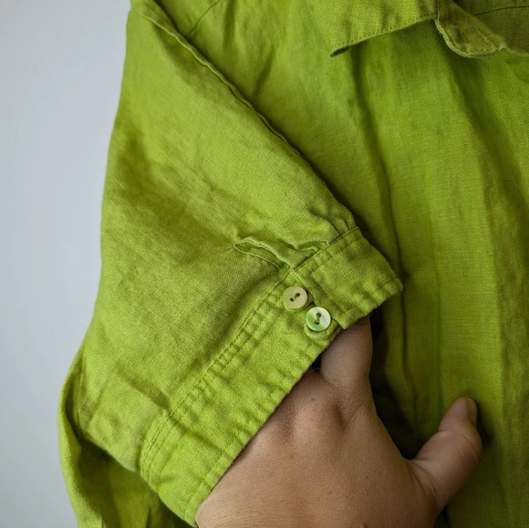 Vintage Tracy M. 100% Linen Lime Green Short Sleeve Collared Button Down Top 2XL - Picture 4 of 8